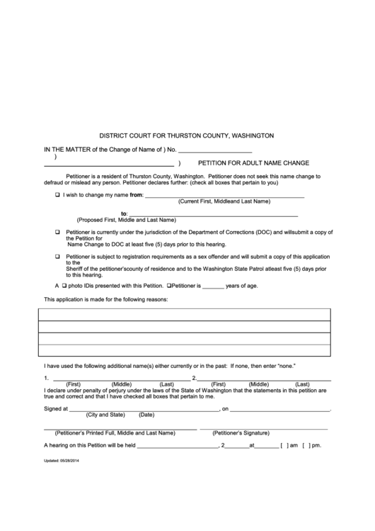 Fillable Petition For Adult Name Change - District Court For Thurston County Printable pdf