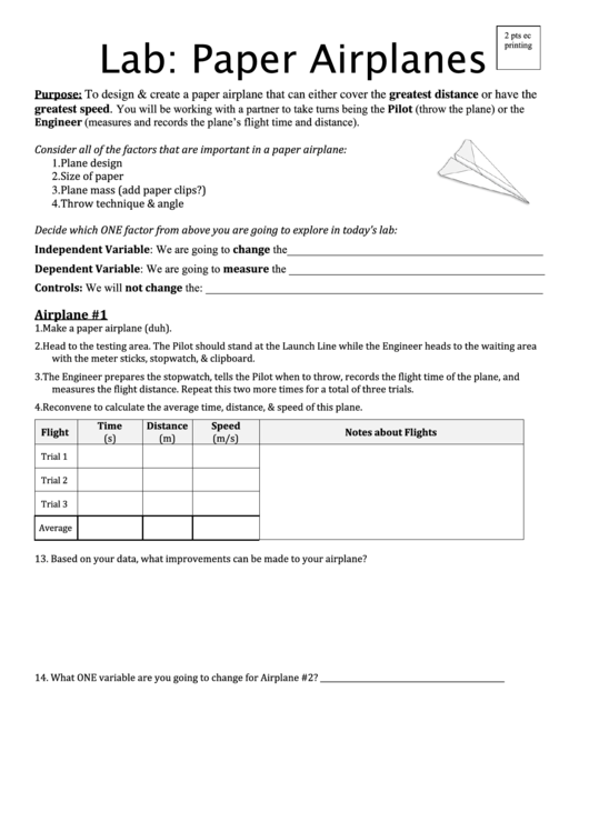Lab: Paper Airplanes Worksheet Printable pdf
