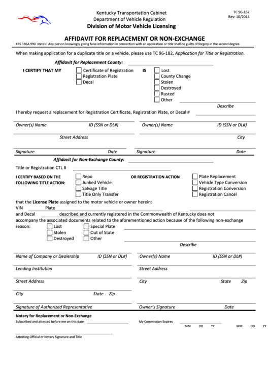 Fillable Form Tc 96-167 - Aaffidavit For Replacement Or Non-Exchange - Kentucky Department Of Vehicle Regulation Printable pdf
