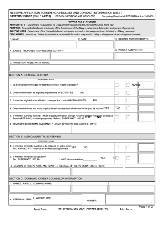 Form Navpers 1306/97 - Reserve Affiliation Screening Checklist And Contract Information Sheet
