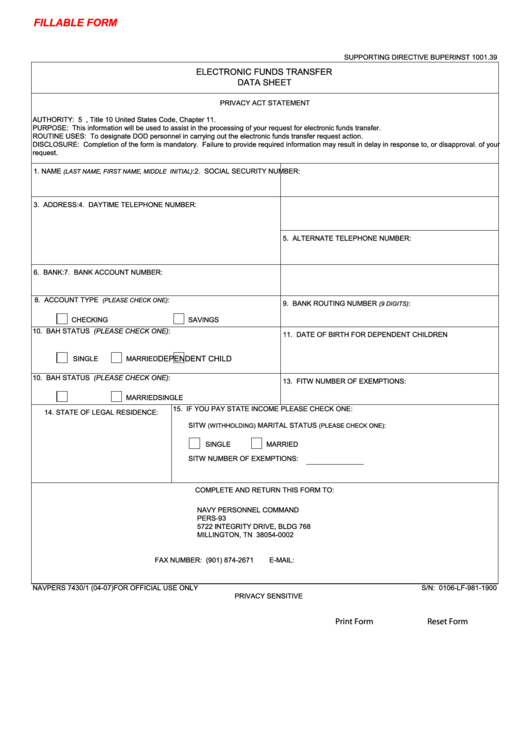 Fillable Form Navpers 7430/1 - Electronic Funds Transfer Data Sheet Printable pdf