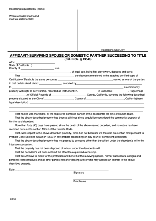 Fillable Affidavit-Surviving Spouse Or Domestic Partner Succeeding To Title Printable pdf