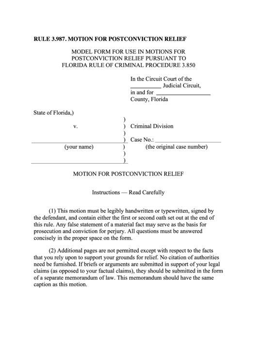Motion For Postconviction Relief - Florida Circuit Court Printable pdf