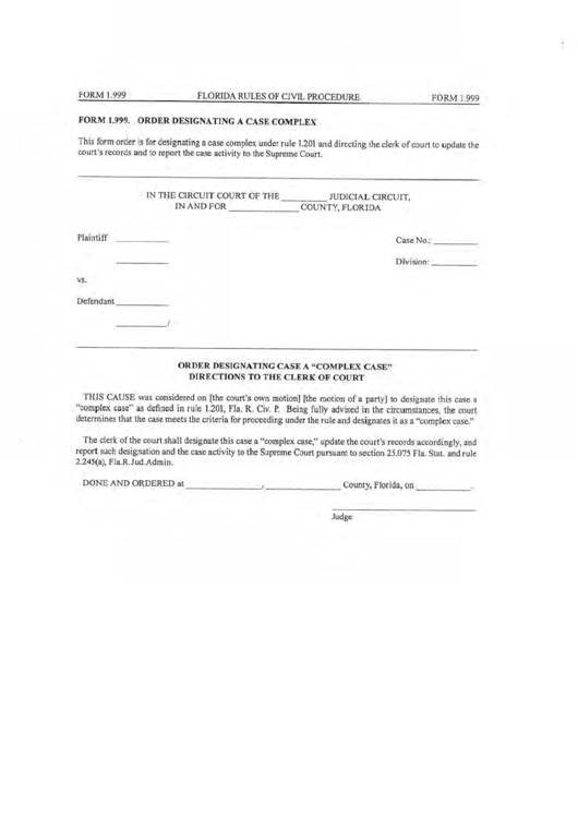 Form 1.999 - Order Designation A Case Complex - Florida Judicial Court Printable pdf