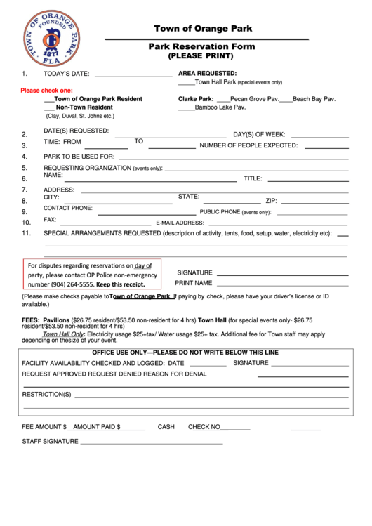 Park Reservation Form - Town Of Orange Park Printable pdf