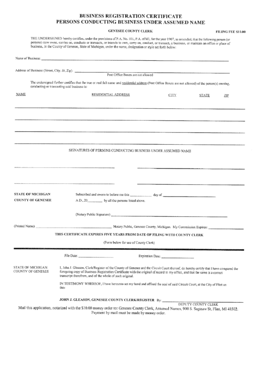 Business Registration Certificate - Country Of Genesee Printable pdf