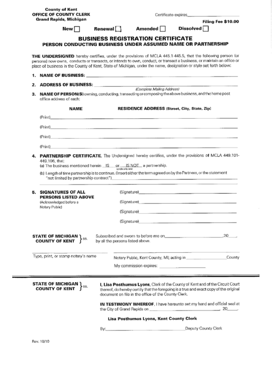 Business Registration Certificate - Country Of Kent Printable pdf