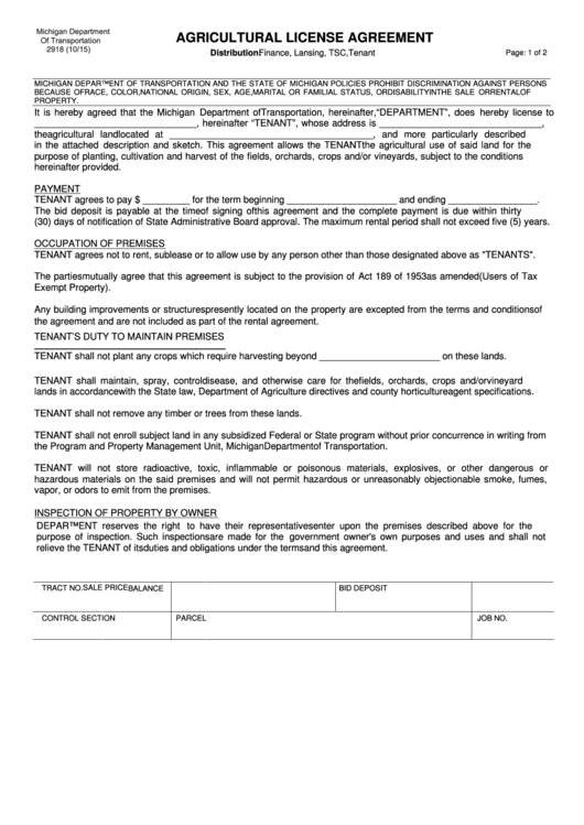 Form 2918 - Agricultural License Agreement - Michigan Department Of Transportation