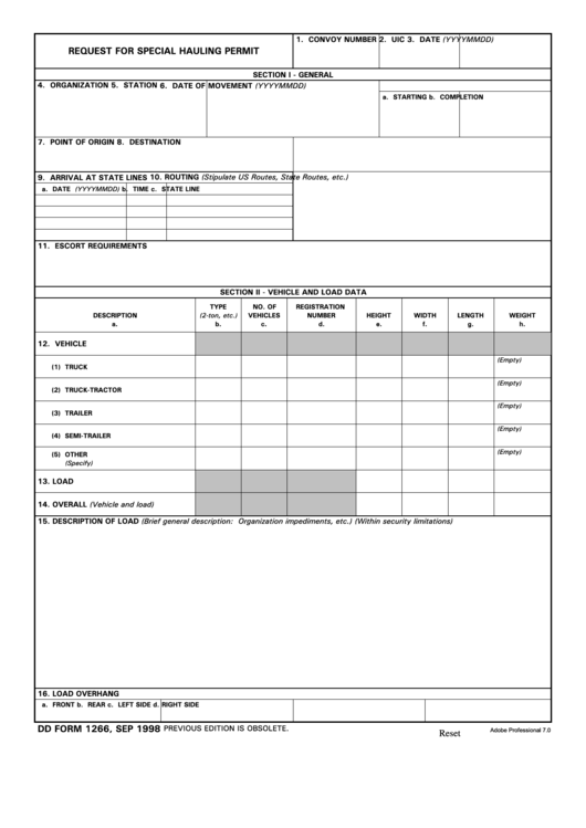 Fillable Dd Form 1266 - Request For Special Hauling Permit Printable pdf
