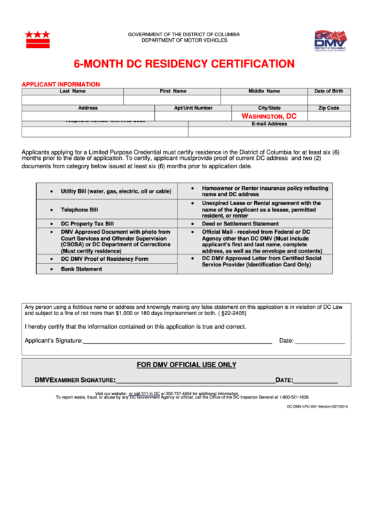 Form Dc Dmv-Lpc-001 - 6-Month Dc Residency Certification - District Of Columbia Department Of Motor Vehicles Printable pdf