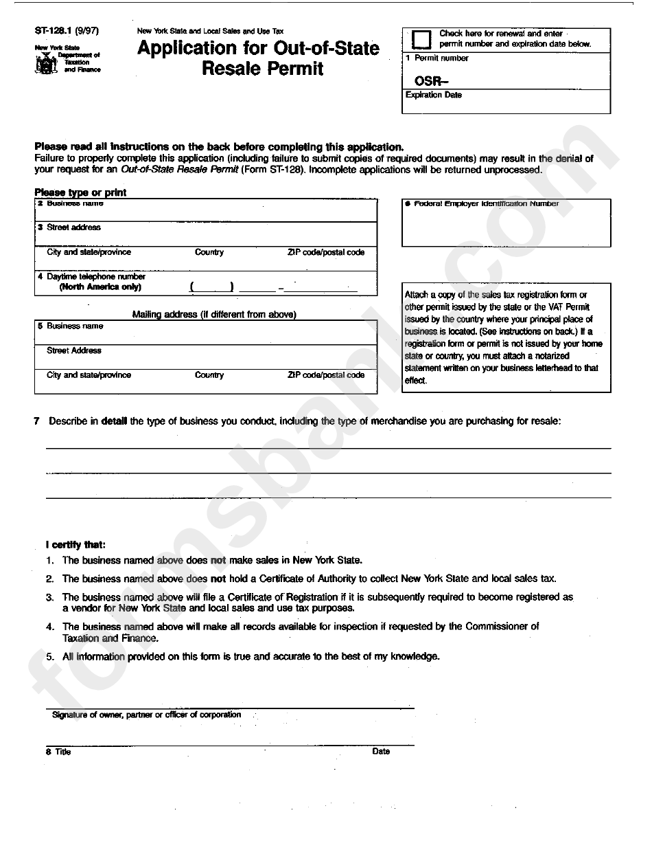 Form St-128.1 - Application For Out-Of-State Resale Permit
