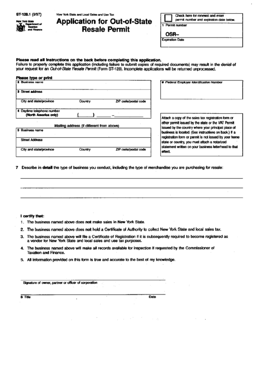Form St-128.1 - Application For Out-Of-State Resale Permit Printable pdf