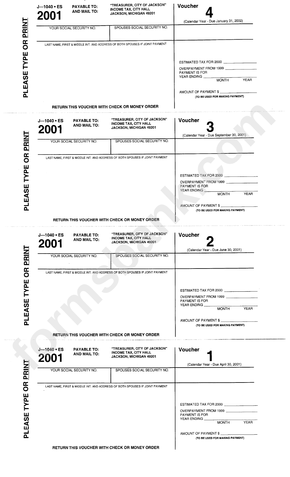 Form J-1040-Es - Income Tax Quarterly Voucher - City Of Jackson - 2001
