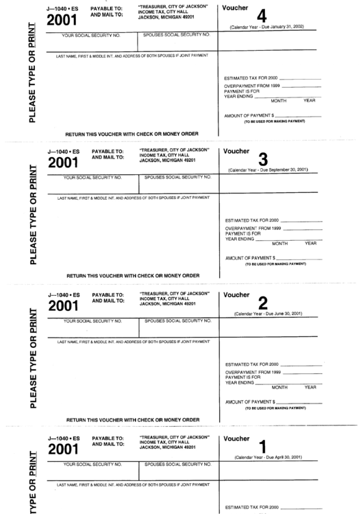 Form J-1040-Es - Income Tax Quarterly Voucher - City Of Jackson - 2001 Printable pdf