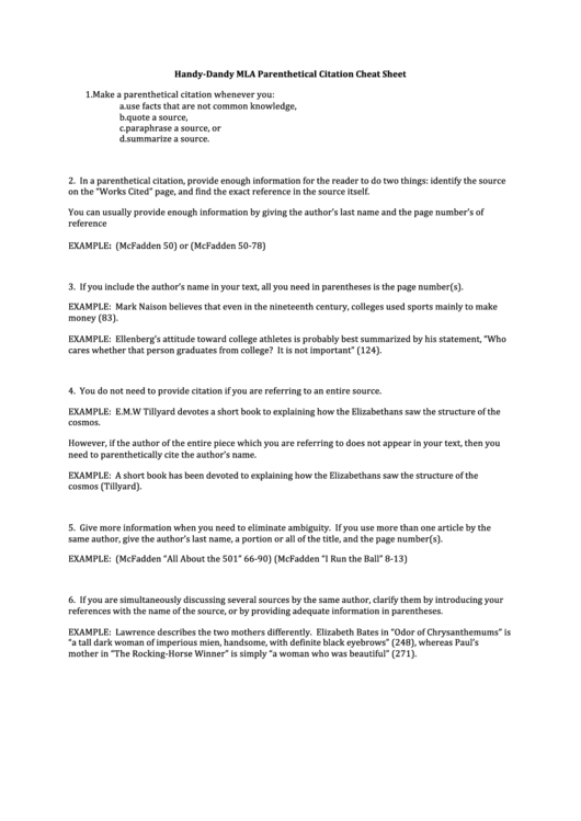 Handy&dandy Mla Parenthetical Citation Cheat Sheet printable pdf download