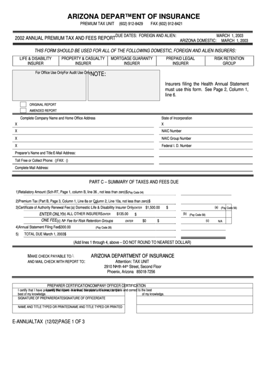 Form E-Annualtax - Annual Premium Tax And Fees Report - Arizona Department Of Insurance - 2002 Printable pdf