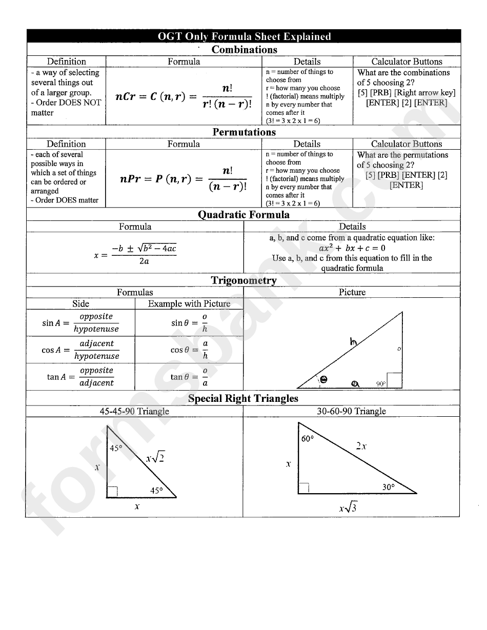 Geometric Formula Sheet