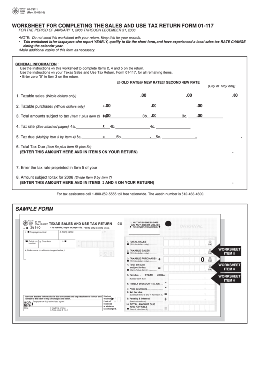 Fillable Worksheet For Completing The Sales And Use Tax Return Form 01-117 Printable pdf