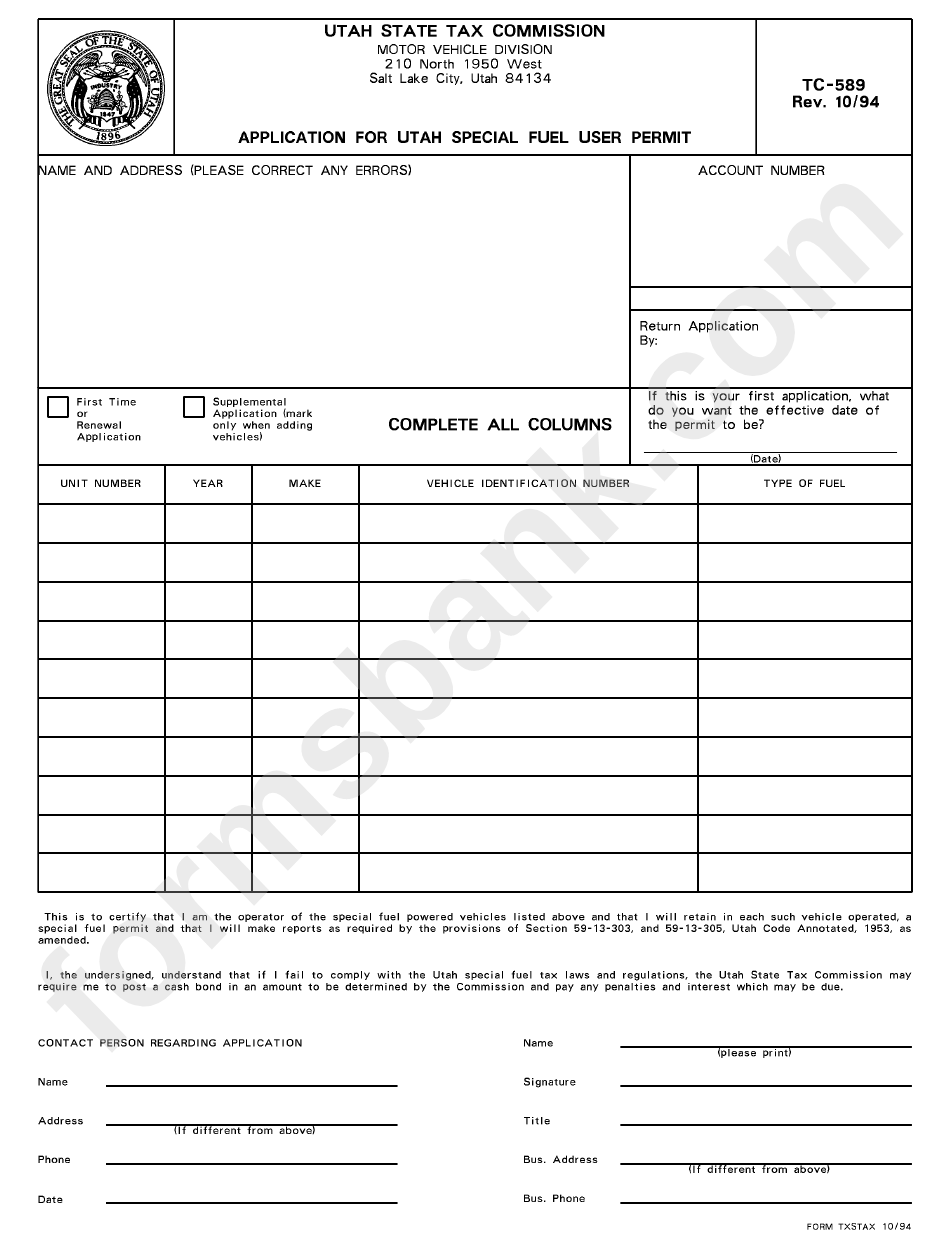 Form Tc-589 - Application For Utah Special Fuel User Permit