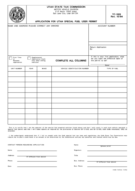 Fillable Form Tc-589 - Application For Utah Special Fuel User Permit Printable pdf