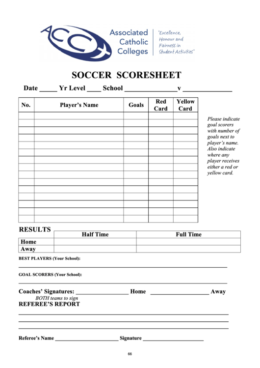 Soccer Scoresheet Printable pdf
