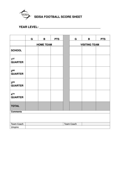 Seisa Football Score Sheet Printable pdf