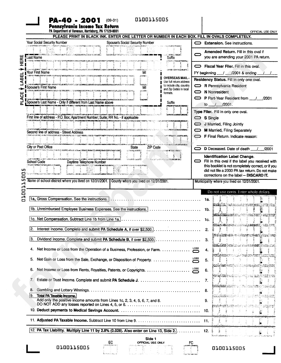 Form Pa-40 - Pennsylvania Income Tax Return - 2001