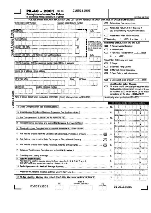 Form Pa 40 Pennsylvania Income Tax Return 2001 Printable Pdf Download