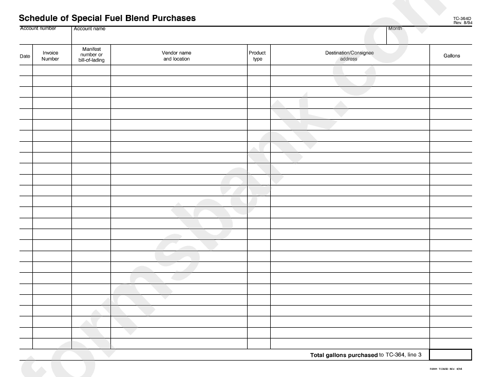 Form Tc-364d - Schedule Of Special Fuel Blend Purchases