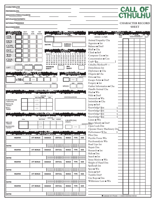 Call Of Cthulhu Character Record Sheet Printable pdf