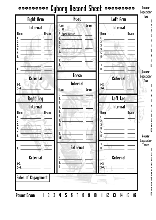Cyborg Record Character Sheet Printable pdf