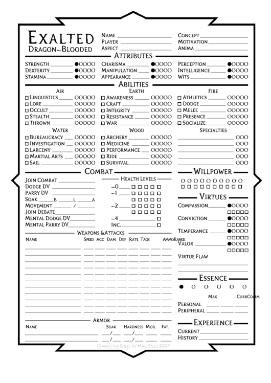 Exalted Dragon-Blooded Character Sheet Printable pdf