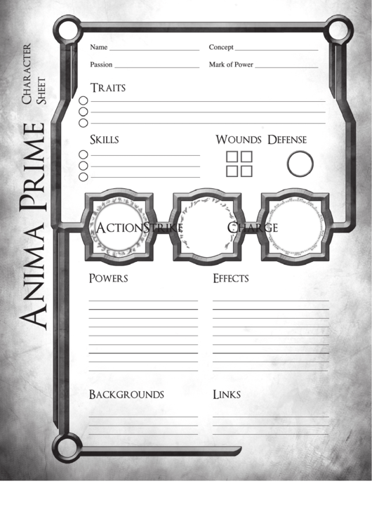 Anima Prime Character Sheet Printable pdf