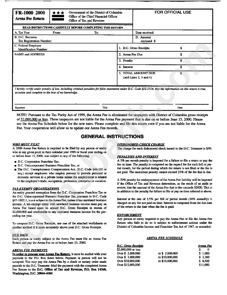 Form Fr-1000 - Arena Fee Return - Goverment Of The District Of Columbia - 2000