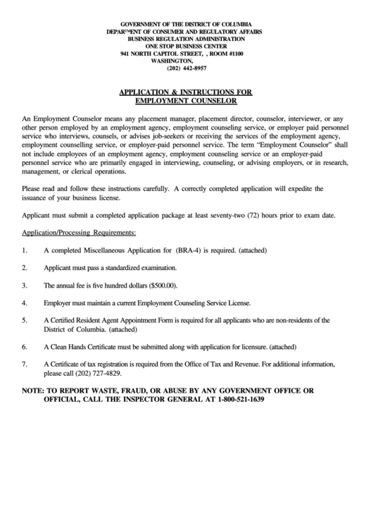 Application & Instructions For Employment Counselor - Government Of The District Of Columbia Printable pdf
