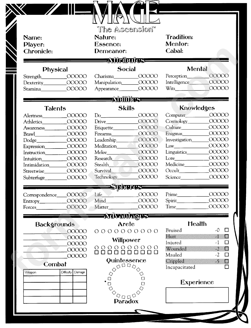 Mage The Ascension Character Sheet printable pdf download