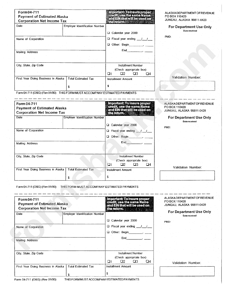 Form 04-711 - Payment Of Estimated Alaska Corporation Net Income Tax - Alaska Department Of Revenue