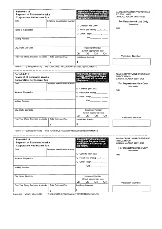 Form 04-711 - Payment Of Estimated Alaska Corporation Net Income Tax - Alaska Department Of Revenue Printable pdf