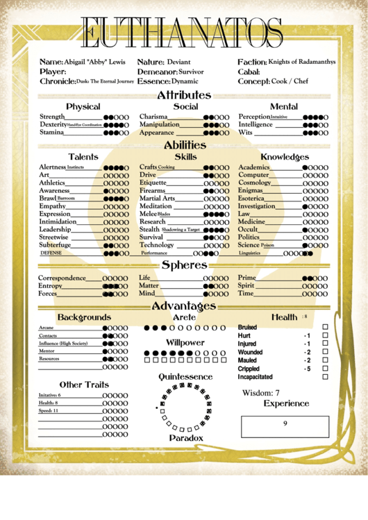 Euthanatos Character Sheet Printable pdf