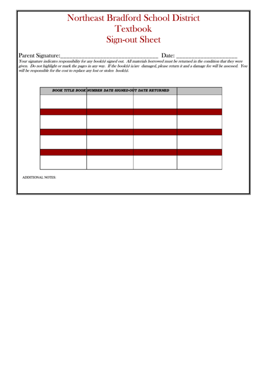 Textbook Sign-Out Sheet Printable pdf