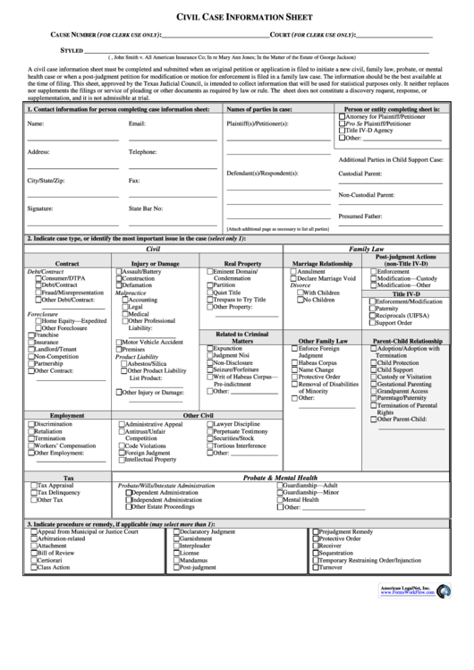 Civil Case Information Sheet - Texas Judicial Council Printable pdf