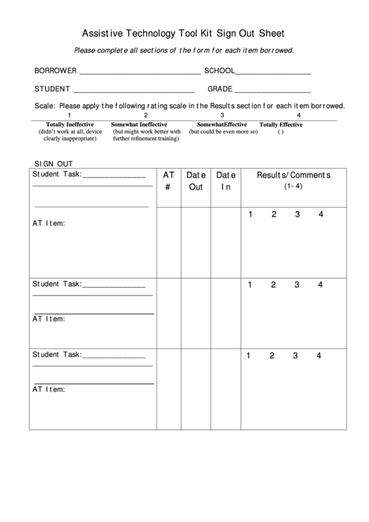 Assistive Technology Tool Kit Sign Out Sheet
