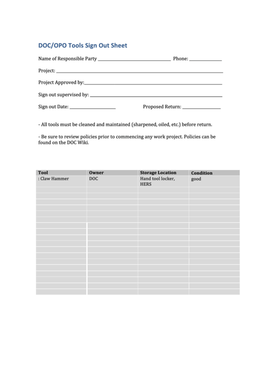 Fillable Doc/opo Tools Sign Out Sheet Printable pdf