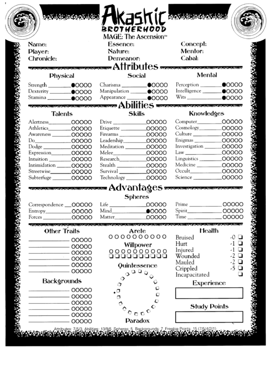 Akashik Brotherhood Mage: The Ascension Character Sheet printable pdf ...