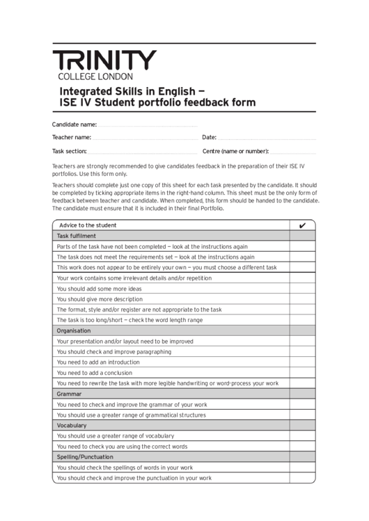 Ise Iv Student Portfolio Feedback Form Printable pdf