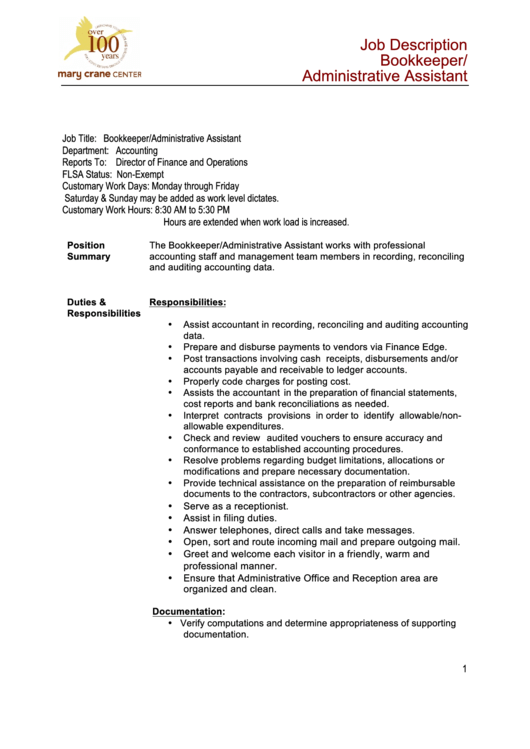Job Description Bookkeeper/ Administrative Assistant printable pdf