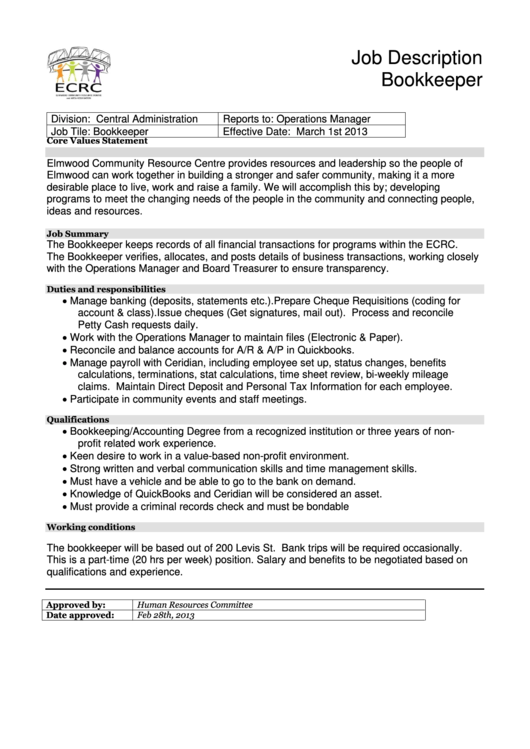 Job Description - Bookkeeper Printable pdf
