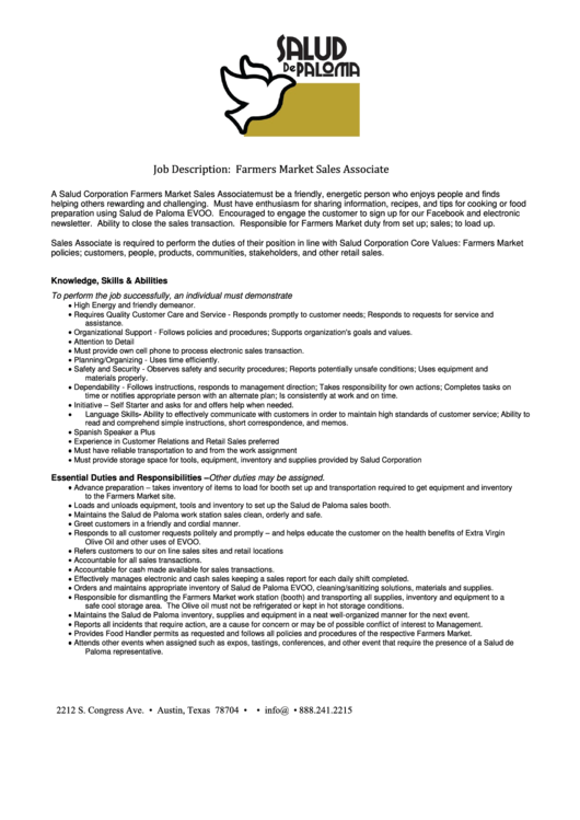 Job Description - Farmers Market Sales Associate Printable pdf