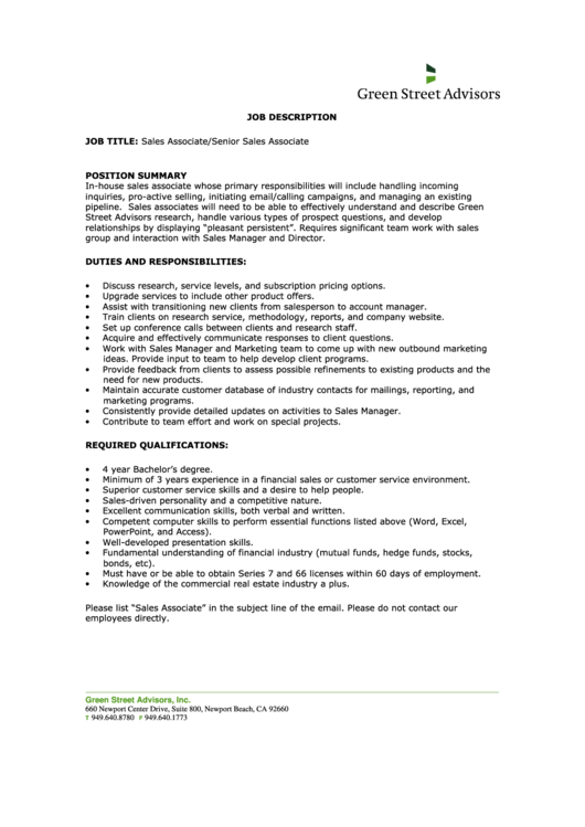 Sales Associate/senior Sales Associate Job Description Printable pdf