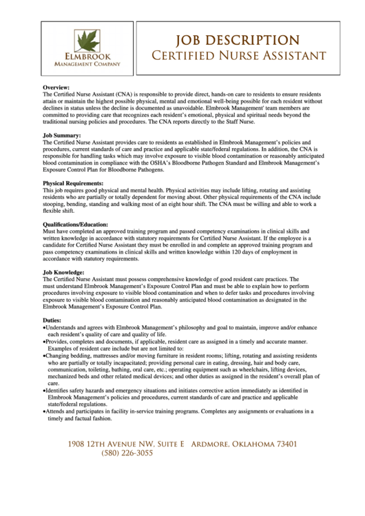 Certified Nurse Assistant Job Description Printable pdf